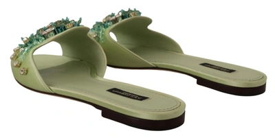 Shop Dolce & Gabbana Elegant Crystal-embellished Green Leather Women's Slides