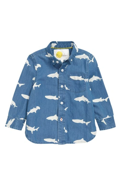 Shop Mini Boden Kids' Interest Shark Print Button-up Denim Shirt In Light Denim Sharks