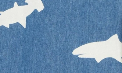 Shop Mini Boden Kids' Interest Shark Print Button-up Denim Shirt In Light Denim Sharks
