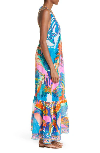 Shop Camilla Plunge Neck Tiered Silk Maxi Dress In Flamenco Flamingo