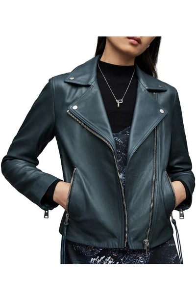 Shop Allsaints Dalby Leather Biker Jacket In Deep Denim