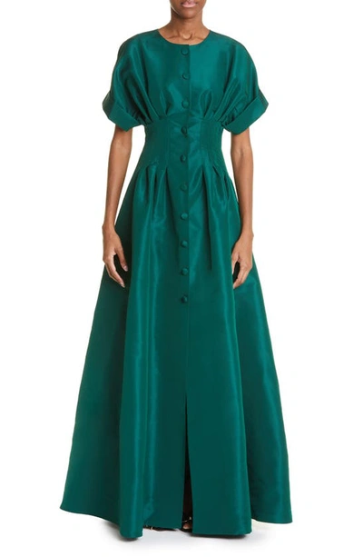 Shop Carolina Herrera Roll Sleeve Silk Gown In Racing Green