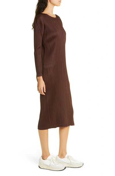 Shop Issey Miyake Forward Pleated Long Sleeve Midi Dress In Dark Brown