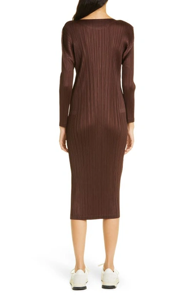 Shop Issey Miyake Forward Pleated Long Sleeve Midi Dress In Dark Brown