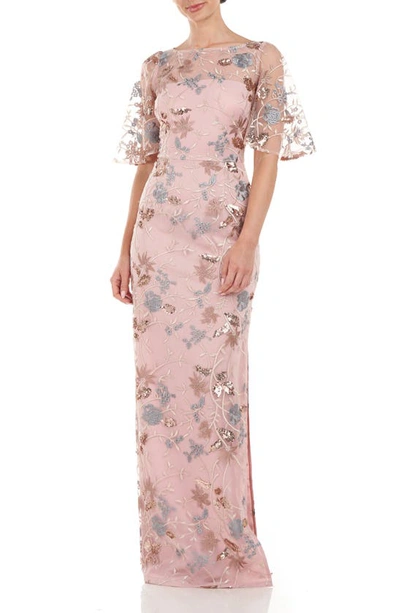 Js Collections Daphne Embroidered Sequin Column Gown In Blush