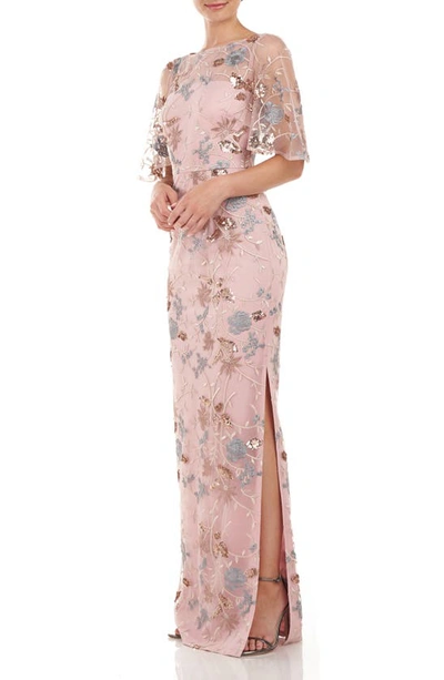 Js Collections Daphne Embroidered Sequin Column Gown In Blush Multi