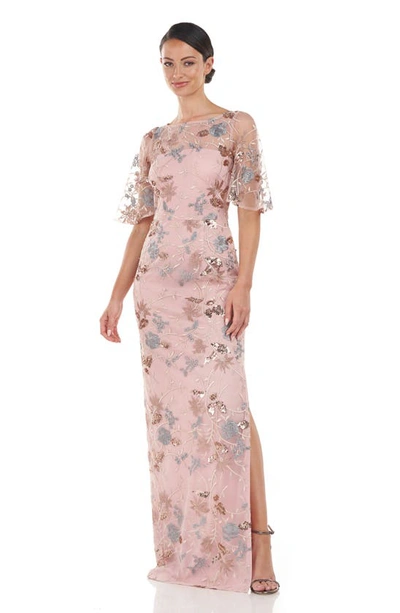 Js Collections Daphne Embroidered Sequin Column Gown In Blush Multi