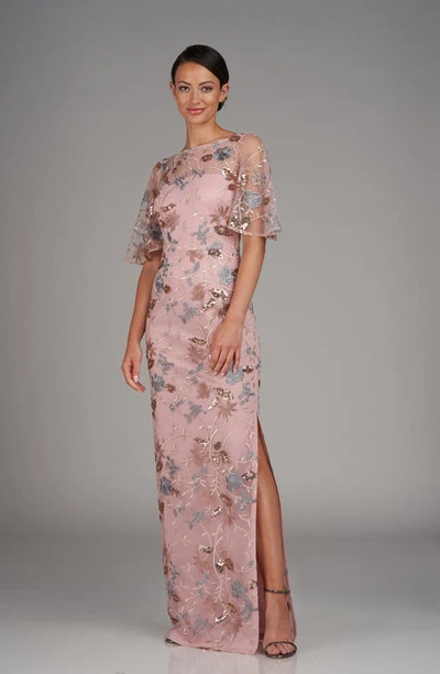 Js Collections Daphne Embroidered Sequin Column Gown In Blush Multi
