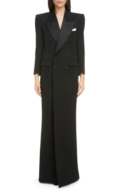 Shop Saint Laurent Double Breasted Longline Wool Tuxedo Coat In Black
