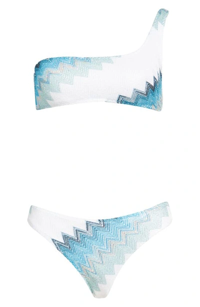 Shop Missoni Chevron One-shoulder Two-piece Swimsuit In White Sky Blue