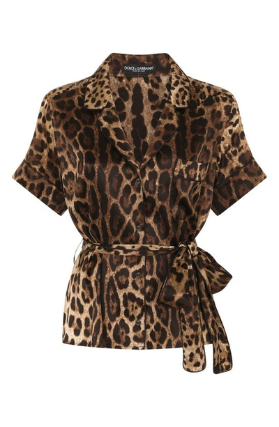 Shop Dolce & Gabbana Leopard Print Tie Waist Satin Blouse In Light Brown