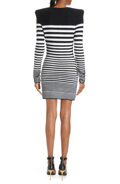 Shop Balmain Breton Stripe Cotton Blend Sweater Dress In Black/ White