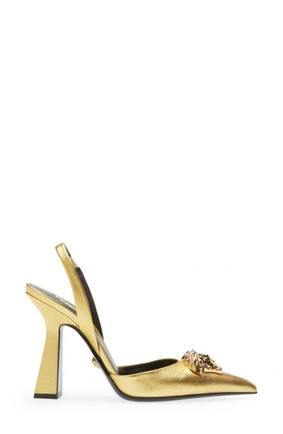 Shop Versace La Medusa Slingback Pointed Toe Pump In  Gold
