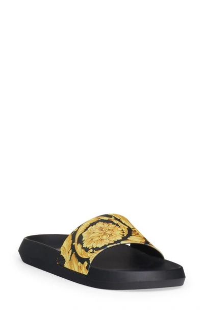 Shop Versace Baroque Pool Slide Sandal In Black/ Gold