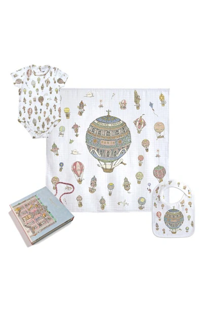 Atelier Choux Hot Air Balloons Bib, Bodysuit & Swaddle Set In Multi