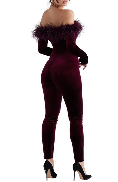Shop House Of Cb Salima Feather Trim Off The Shoulder Long Sleeve Velvet Jumpsuit In Brown Cherry