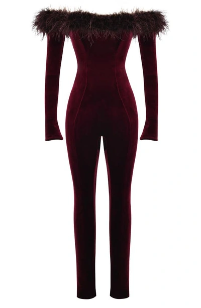 Shop House Of Cb Salima Feather Trim Off The Shoulder Long Sleeve Velvet Jumpsuit In Brown Cherry