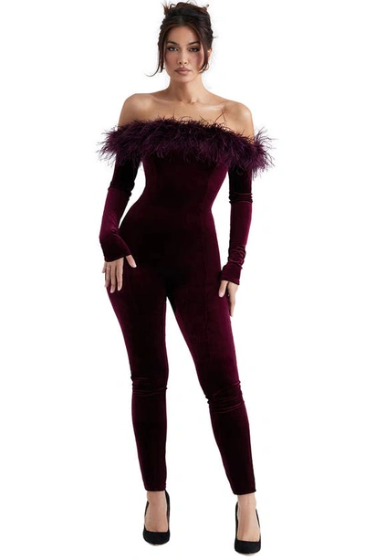 Shop House Of Cb Salima Feather Trim Off The Shoulder Long Sleeve Velvet Jumpsuit In Brown Cherry