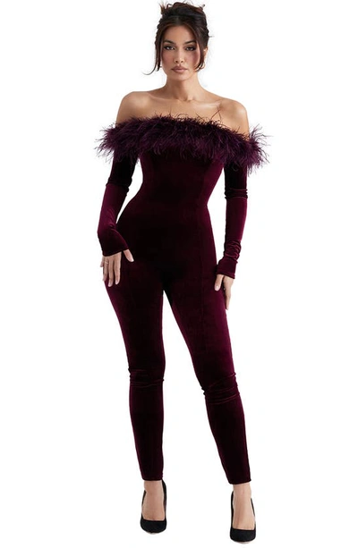 House Of Cb Salima Feather Trim Off The Shoulder Long Sleeve Velvet Jumpsuit In Brown Cherry