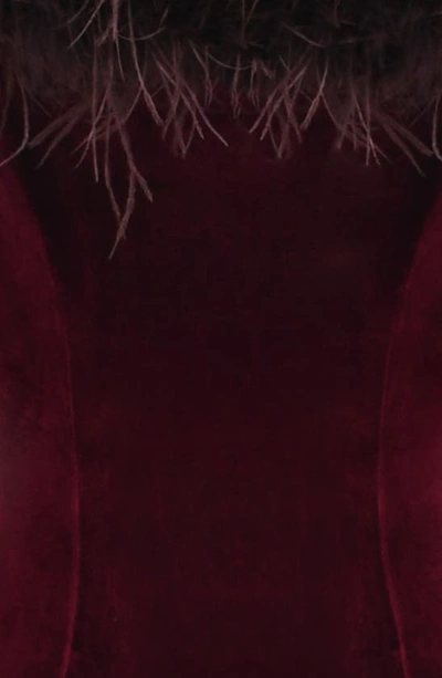 House Of Cb Salima Feather Trim Off The Shoulder Long Sleeve Velvet Jumpsuit In Brown Cherry