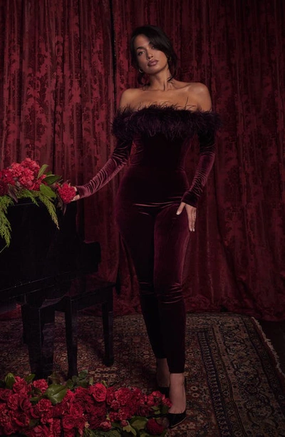 Shop House Of Cb Salima Feather Trim Off The Shoulder Long Sleeve Velvet Jumpsuit In Brown Cherry