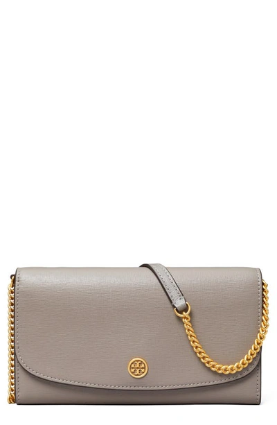 Shop Tory Burch Robinson Leather Wallet On A Chain In Gray Heron
