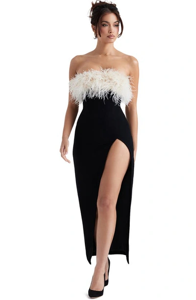 Shop House Of Cb Sarai Feather Trim Stretch Crepe Cocktail Dress In Black