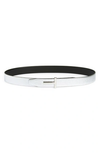 Shop Tom Ford T-icon Reversible Lizard Embossed Metallic Leather Belt In Silver/ Black