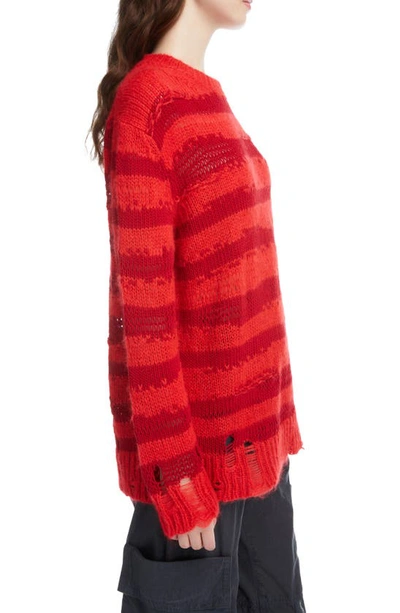 Shop Acne Studios Karita Distressed Stripe Open Stitch Cotton, Mohair & Wool Blend Sweater In Red/ Deep Red