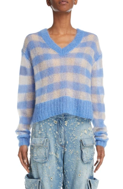 Shop Acne Studios Kamba Vichy Gingham Open Knit Mohair & Wool Blend Sweater In Blue/ Light Beige