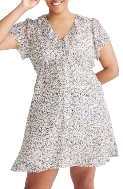 Shop Madewell Ruffle Neck Silk Minidress In Field Floral Antique Cream