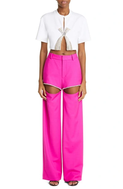 Shop Area Crystal Embellished Cutout Straight Leg Stretch Wool Crepe Pants In Fuchsia