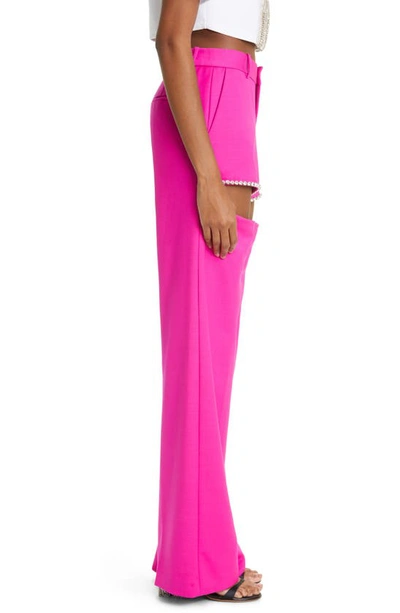 Shop Area Crystal Embellished Cutout Straight Leg Stretch Wool Crepe Pants In Fuchsia