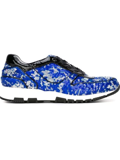 Lanvin Sequin-embellished And Patent-leather Trainers In Dark Blue