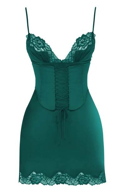 House Of Cb Soraya Lace Trim Satin Minidress With Detachable Corset In Pine