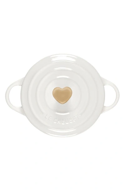Le Creuset Mini Round Stoneware Cocotte In White W/ Gold Heart Knob