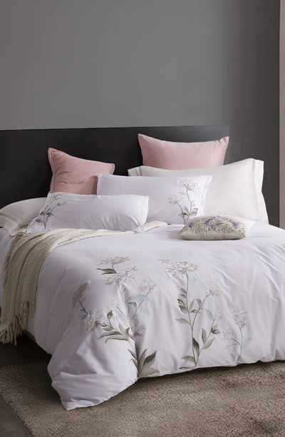 Melange White Hydrangea Embroidery Cotton Duvet Cover Set In White/ White