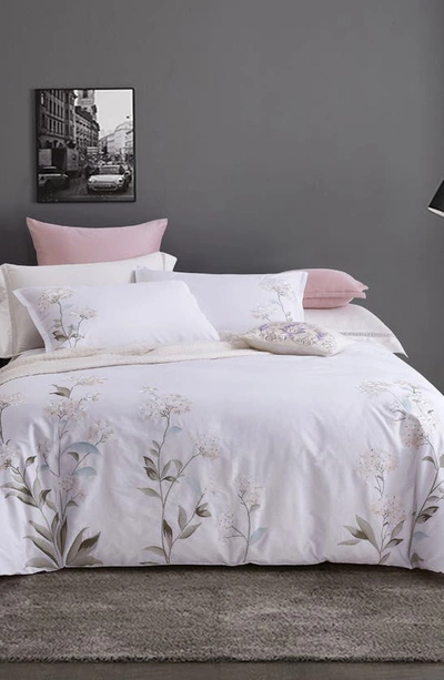 Melange White Hydrangea Embroidery Cotton Duvet Cover Set In White/ White