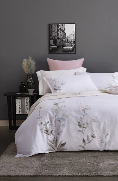Melange White Hydrangea Embroidery Cotton Duvet Cover Set In White/ White