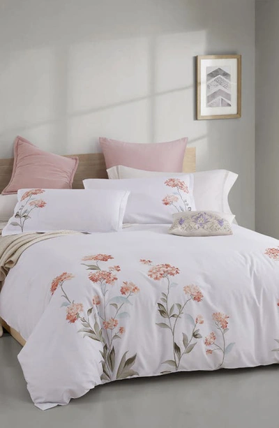 Melange Orange Hydrangea Embroidery Duvet Cover Set In Orange/ White