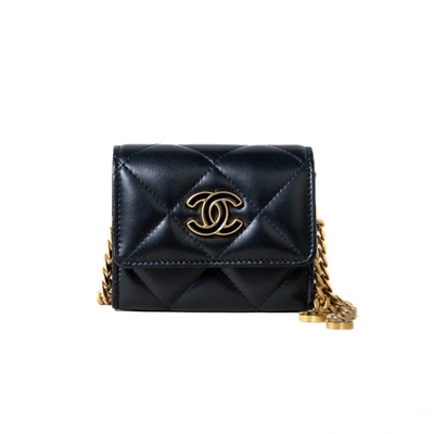 Pre-owned Chanel Cluth With Chain Gold Tone Metal Lambskin Black