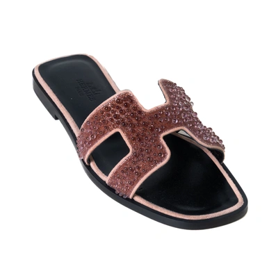 Pre-owned Hermes Oran Glitter Mules Oran Sandals Brown In Eu 36
