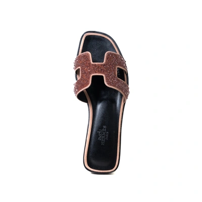 Pre-owned Hermes Oran Glitter Mules Oran Sandals Brown In Eu 36
