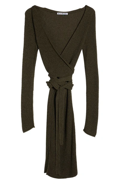 Shop Acne Studios Kyvonne Bouclette Long Sleeve Cutout Wrap Dress In Dark Khaki Green