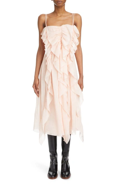 Shop Chloé Ruched Ruffle Voile Midi Dress In Pansy Pink