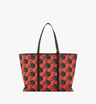 Shop Mcm Women's Orange/red Cubic Logo Jacquard Medium Tote Leather Trim