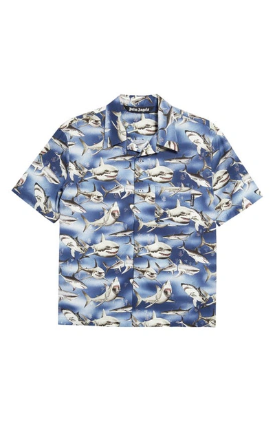Shop Palm Angels Shark Print Bowling Shirt In Blue Black