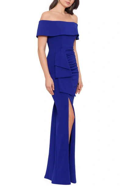 Xscape Off The Shoulder Crepe Evening Gown In Marine