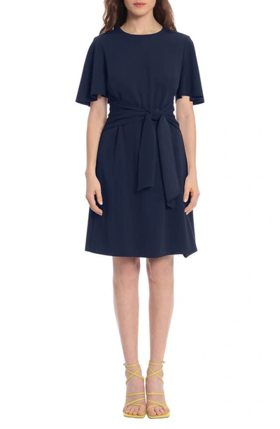 Shop Donna Morgan Flutter Sleeve Waist Tie Dress In Twilight Navy