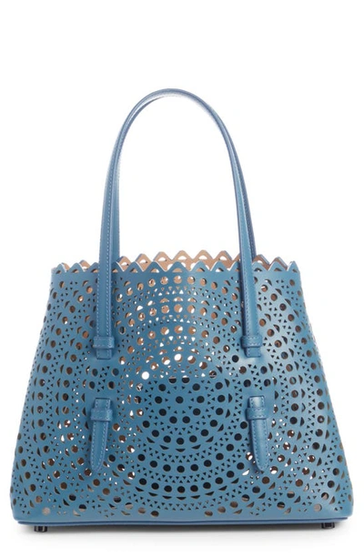 Shop Alaïa Small Mina Perforated Leather Tote In Bleu Ardoise